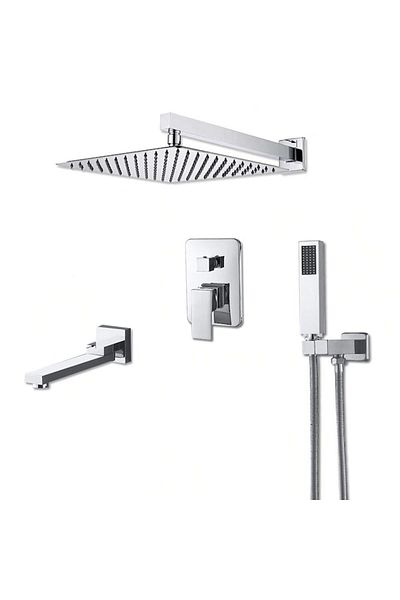 OEM Set de duș cu duș manual pătrat cu latura de 30 cm, cu baterie încorporată, 3 funcții de debit, argintiu
