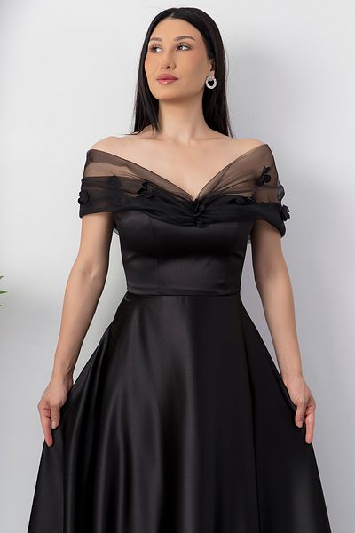 PULLIMM Strapless Neckline Bust Tulle Detail Evening Dress Ecr5587
