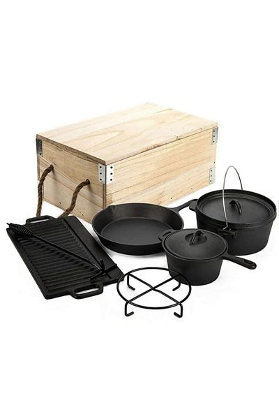 Perfect Home Set grătar din fontă pentru camping, 6+1 piese în cutie de lemn