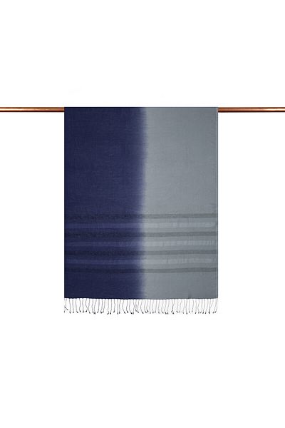 ipekevi Navy Blue Metallic Blue Mono Shutter Gradient Silk Shawl