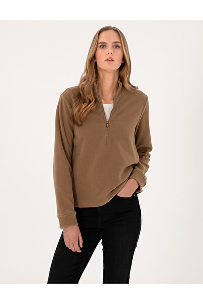 Pierre Cardin Camel Comfort Fit Zippered Fleece Sweatshirt 50316333-Vr015