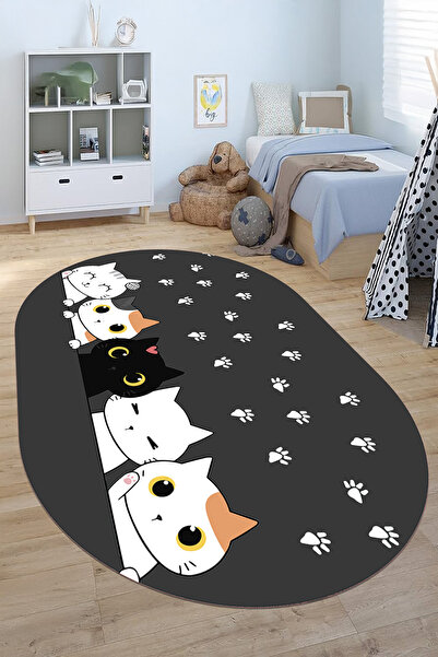 EVİMSEN Baskılı Yıkanabilir ve Kaymaz Kedi ve Pati İzli Desenli Oval Çocuk Ha...