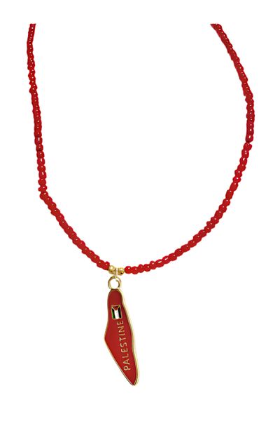 Zaytoon Red Beaded Handmade Palestine Map Unisex Palestine Necklace 40 cm J300010