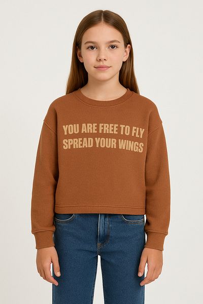 Ramior Spreadwings Girls Ribbed Sweatshirt – "You Are Free to Fly" Printed, Cinnamon Brown