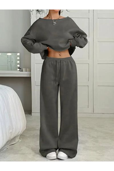 Keywest Women's Plain Off Shoulder Crop Sweatshirt Sweatpants Double Set
