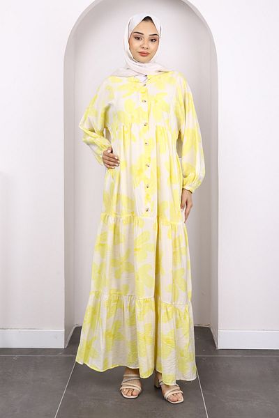 İmajButik Yellow Half Button Skirt Layered Patterned Dress