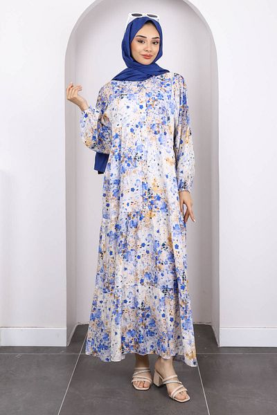 İmajButik Rochie Saks albastră cu jumătate de nasturi cu model stratificat