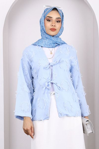 İmajButik Kimono albastru cu ciucuri cu legare în față