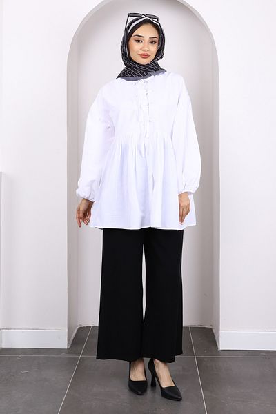 İmajButik Τουνίκ με ελαστικό μπροστινό κουμπί με μανίκι εκρού
