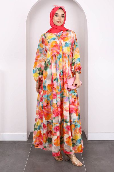 İmajButik Φούξια Φόρεμα με μισό κουμπί με μοτίβο