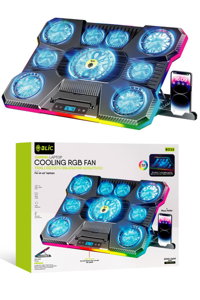 Sarftech Siyah RGB 9 Fanlı LCD Ekranlı 10-19" Inç 2.400RPM Telefon Tutacaklı Notebook Dizüstü Soğutucu Stand