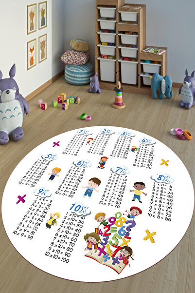 EVİMSEN Baskılı Yıkanabilir ve Kaymaz Çarpım Tablosu Temalı Yuvarlak Çocuk Ha...