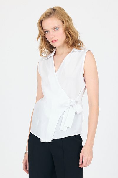Rays White Side Tie Detailed Sleeveless Double Breasted Blouse 8047