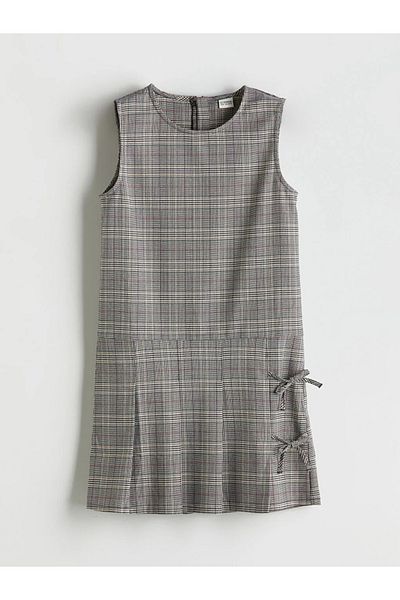 LC Waikiki Lcw Kids Gray Crew Neck Plaid Girl's Dress
