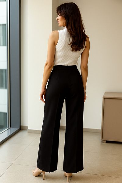 Ceylen High Waist Fabric Trousers with Wide Legs and Lace Detail