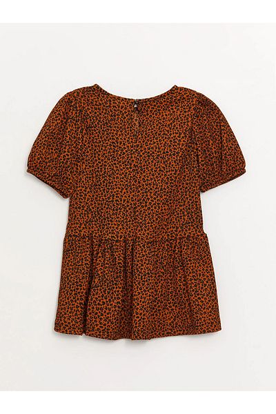LC Waikiki Lcw Eco Brown Crew Neck Patterned Short Sleeve Girl's Dress