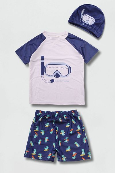 Beniizle Crocodile Printed Checkered Boy's 3-Piece Swimsuit Set