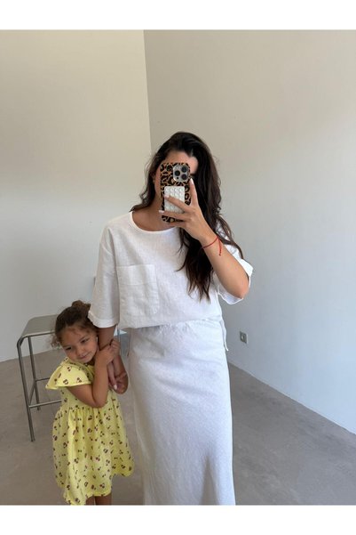 Bade Butik Ekru Cep Detaylı Etekli Keten Takım