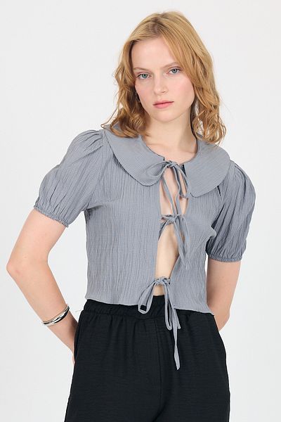 Rays Gray Tie Detail Baby Collar Crop Blouse 8064