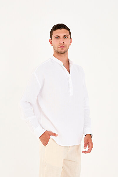 No Way Erkek Regular Fit %100 Pamuk Müslin Hakim Yaka Yarım Pat Gömlek