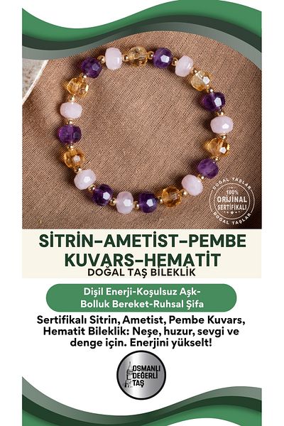 OSMANLI DEĞERLİ TAŞ Certified Citrine Amethyst Pink Quartz Hematite Natural Stone Bracelet