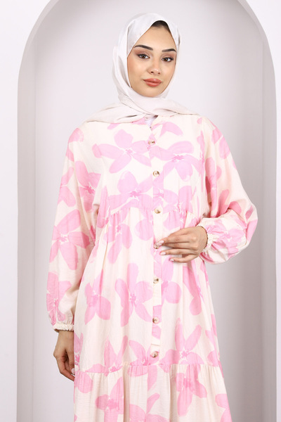 İmajButik Ροζ Φόρεμα με μισό κουμπί με μοτίβο