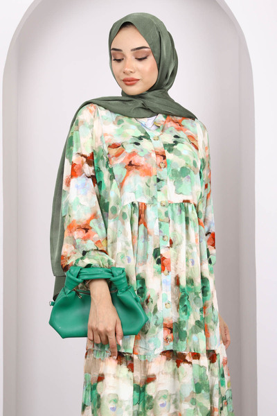 İmajButik Πράσινο φόρεμα με μισό κουμπί με μοτίβο