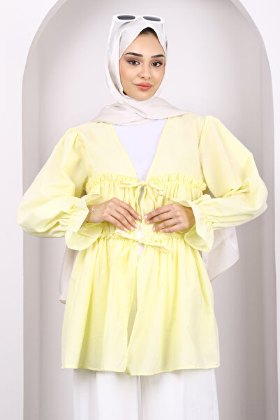 İmajButik Yellow Front Tie Ruffle Kimono