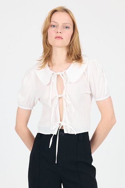 Rays White Tie Detail Baby Collar Crop Blouse 8064