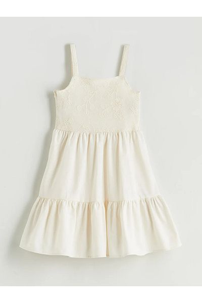 LC Waikiki Lcw Kids Ecru Square Neck Floral Girl's Dress