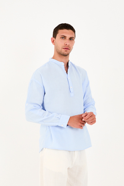 No Way Erkek Regular Fit %100 Pamuk Müslin Hakim Yaka Yarım Pat Gömlek