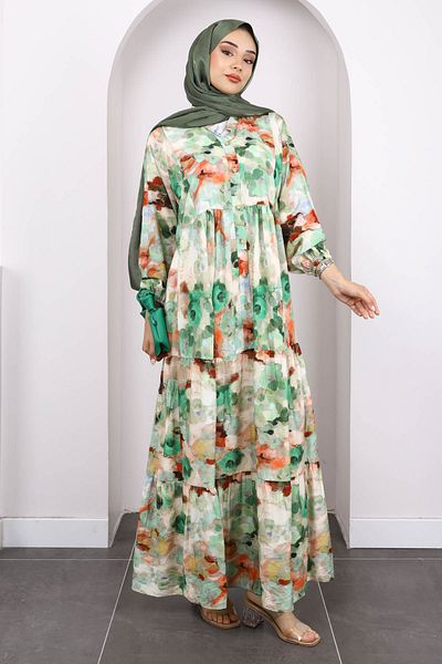 İmajButik Πράσινο φόρεμα με μισό κουμπί με μοτίβο