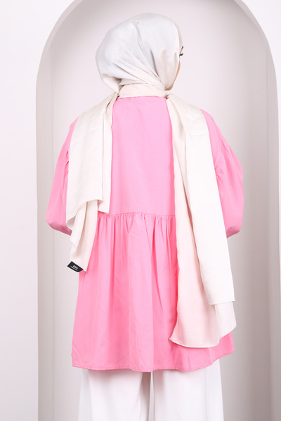 İmajButik Pink Sleeve Elastic Front Buttoned Tunic