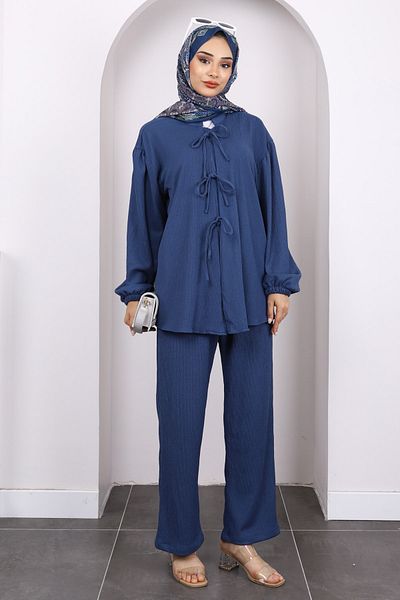 İmajButik Σετ παντελονιού Indigo Tie Dye Wrap Kimono με μπροστινό δέσιμο