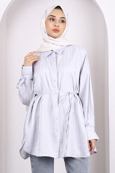 İmajButik Γκρι ριγέ μπροστινό κουμπί τουνίκ