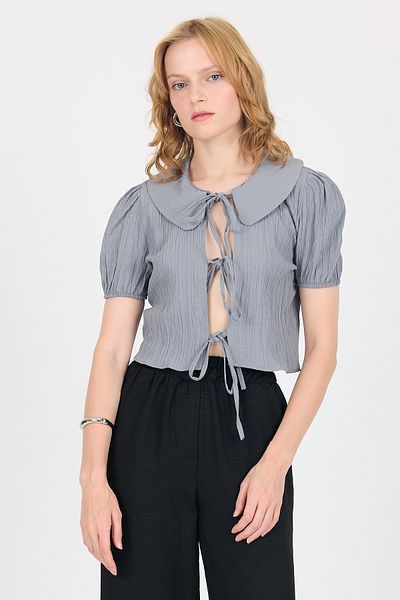 Rays Gray Tie Detail Baby Collar Crop Blouse 8064
