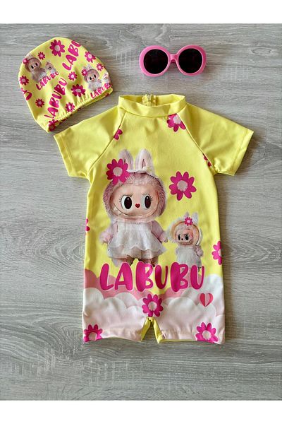 Miracle Kids Girl's Zipper Detailed Swimsuit and Bonnet Set of 2 - Labubu and Floral Pattern