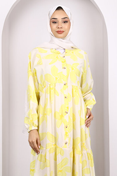 İmajButik Yellow Half Button Skirt Layered Patterned Dress