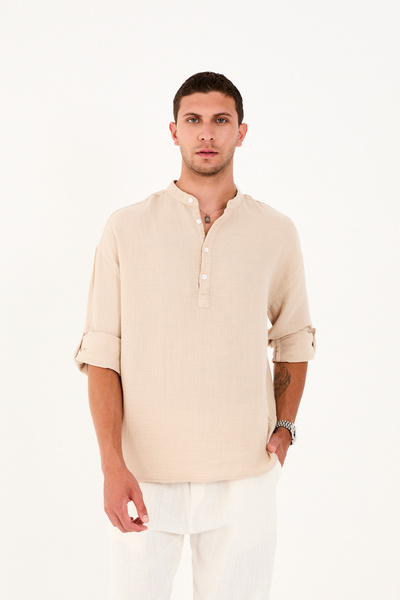 No Way Erkek Regular Fit %100 Pamuk Müslin Hakim Yaka Yarım Pat Gömlek