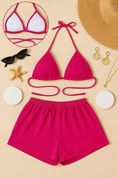 babatr.com Women's Fuchsia Shorts Bikini Set with Tie at Waist and Neck