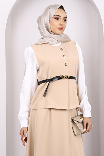 İmajButik Μπεζ πουκάμισο γιλέκο φούστα 3 τεμαχίων συνδυασμένο κοστούμι