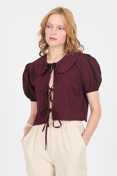 Rays Burgundy Tie Detailed Baby Collar Crop Blouse 8064