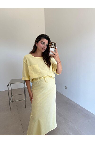 Bade Butik Κίτρινο λινό κοστούμι με λεπτομέρεια φούστας