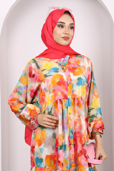 İmajButik Φούξια Φόρεμα με μισό κουμπί με μοτίβο