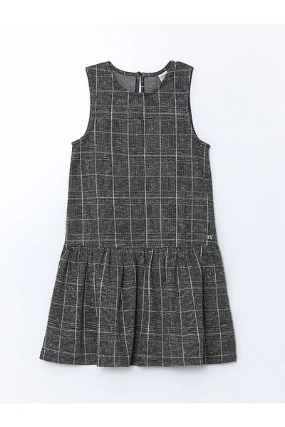 LC Waikiki Lcw Kids Gray Crew Neck Plaid Girls Tweed Dress