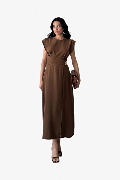 SUMEF Γυναικεία Ζώνη Λεπτομερές Κομψό Μίντι Φόρεμα-Καφέ