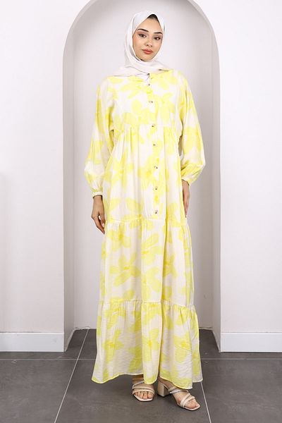 İmajButik Yellow Half Button Skirt Layered Patterned Dress