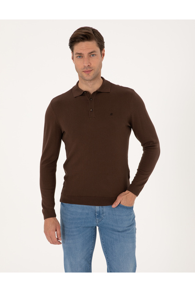 Pierre Cardin Brown Slim Fit Polo Neck Basic Knitwear Sweater 50314189-Vr029