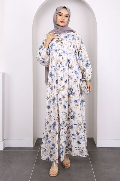İmajButik Navy Blue Half Button Skirt Layered Patterned Dress