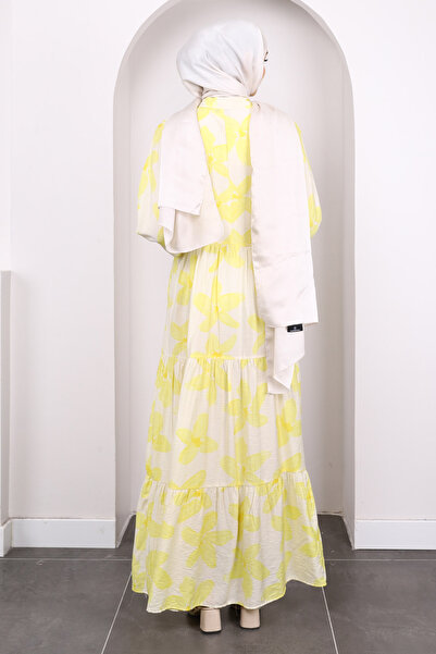 İmajButik Yellow Half Button Skirt Layered Patterned Dress